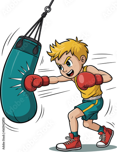 Cartoon boy boxer punching heavy bag, red boxing gloves, energetic child in sportswear, animated boxing training, fitness workout, kids martial arts, fun