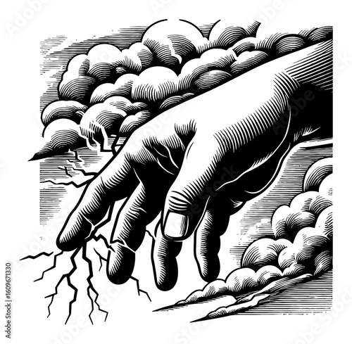 Hand with Lightning Coming Down from Sky Clouds in Detailed Black and White Outline Line Art Drawing