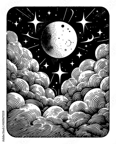 Mystical Moon and Clouds in Night Sky Tarot Style Black and White Outline Line Art Drawing