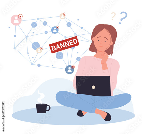 Restrictions on access to social media networks and contact block. Cartoon sad girl user sitting with laptop, communication list not available and blocked flat vector illustration. Censorship concept