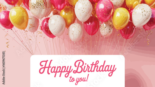 Cheerful birthday greeting with red, pink, gold, and white balloons, confetti details, and cursive typography—ideal for festive celebration cards