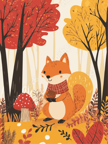 A cheerful squirrel holding an acorn in a colorful autumn forest, perfect for nursery wall art and seasonal printable decor