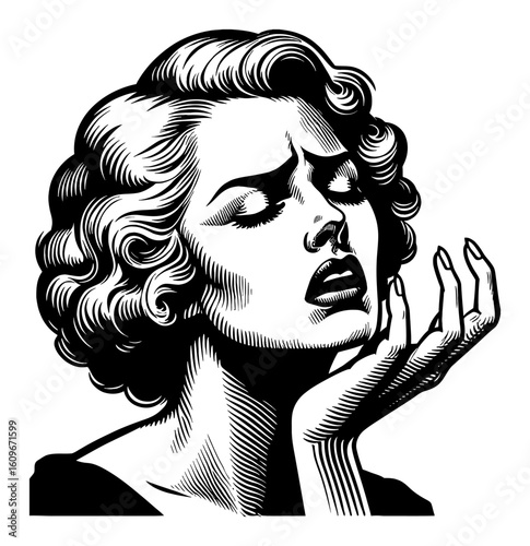 Vintage Woman with Anguished Gesture and Expression Black and White Outline Line Art Drawing