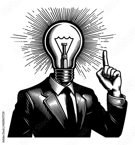 Businessman with Lamp Bulb Head Got an Idea Hand Gesture Black and White Outline Line Art Drawing