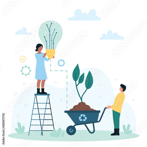 Biomass energy and electricity production using green plants and agricultural waste vector illustration. Cartoon tiny people holding light bulb and wheelbarrow with alternative renewable source