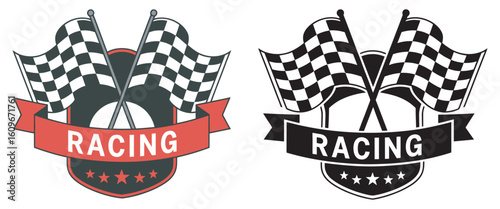 Vector racing badge and logo set featuring bold typography, checkered flags, speed lines, and automotive icons perfect for motorsport teams, racing events, and car branding designs