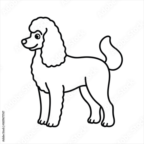 Simple line drawing of a happy poodle standing