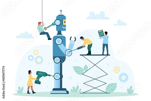 Assembling machines and program, AI technology production vector illustration. Cartoon tiny engineers repair robot with mechanic diy tools and equipment, scientists fix android, create hardware