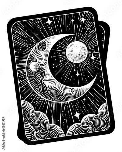 Mystical Tarot Card Design Featuring Crescent Moon Sun and Stars Black and White Outline Line Art Drawing