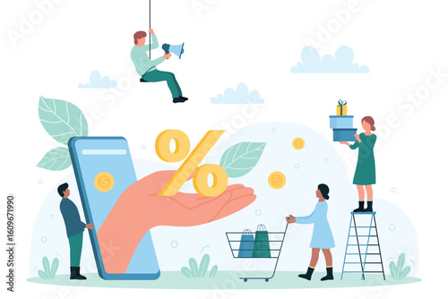 Cashback service promotion, bonus and discount coupon for sales in stores vector illustration. Cartoon hand on mobile phone screen giving percent sign to tiny people holding shopping bag and gifts
