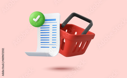 3d red shopping basket or cart with bill or receipt, green check mark, isolated on background. Purchase complete and ready receipt concept in 3d vector. Vector illustration