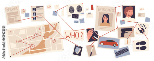 Detective board with pins and evidences on wall, crime investigation vector illustration. Cartoon map, newspaper articles, photos of victim, criminal weapon and vehicle with connection by red thread
