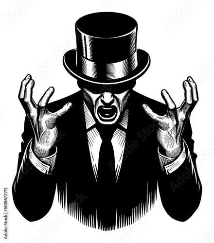 Vintage Businessman with Top Hat Anguished Gesture Expression Black and White Outline Line Art Drawing