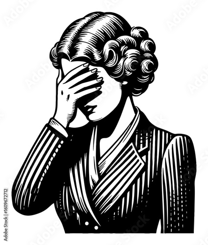 Vintage Woman with Facepalm Gesture Black and White Outline Line Art Drawing Illustration
