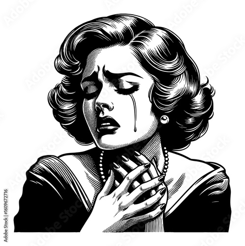 Vintage Woman with Anguished Gesture and Expression Crying Black and White Outline Line Art Drawing