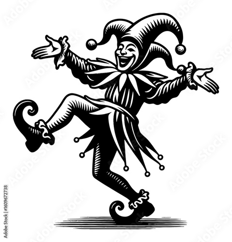 A Cheerful Jester Dancing with Arms Open and Laughing Black and White Outline Line Art Drawing Style
