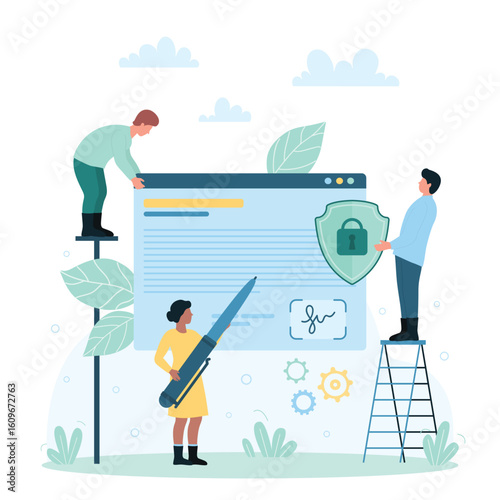 Digital signature for online signing documents vector illustration. Cartoon tiny people sign agreement with electronic certificate, man and woman holding pen and shield to approve and protect results