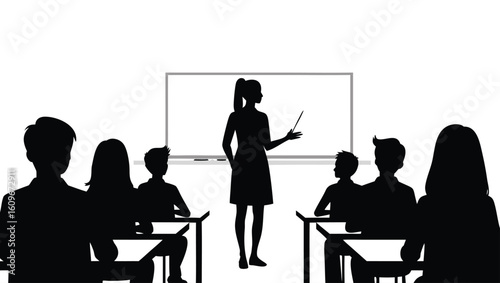 Teacher instructing students at desks in front of a whiteboard classroom education