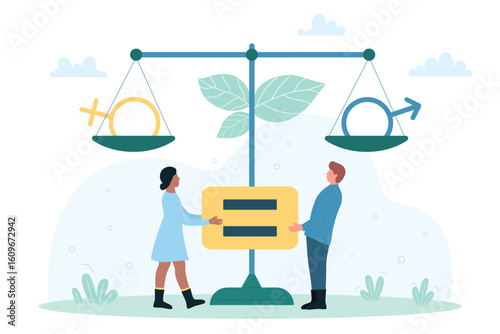 Gender equality, social and salary equity in society and law vector illustration. Cartoon tiny man and woman holding equals sign standing near balance scales to weigh male and female symbols