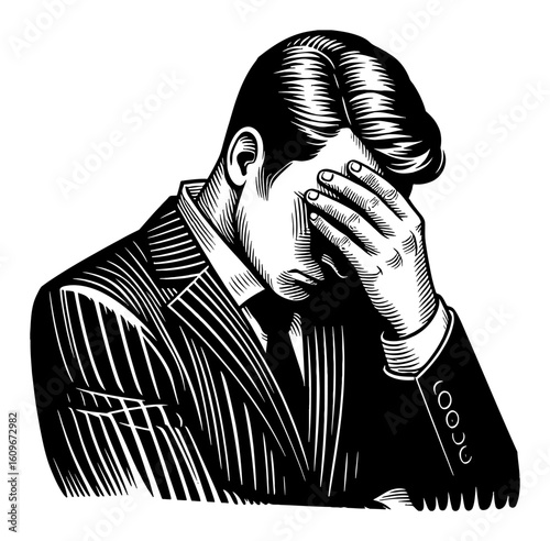 Businessman Performing Facepalm Gesture Showing Stress and Disappointment Black and White Outline Line Art Drawing
