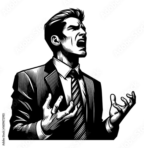 Distraught Businessman with Anguished Gesture and Screaming Expression Black and White Outline Line Art Drawing