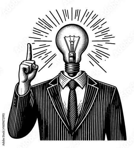Businessman with a glowing light bulb head showing an idea gesture pointing up Black and White Outline Line Art Drawing