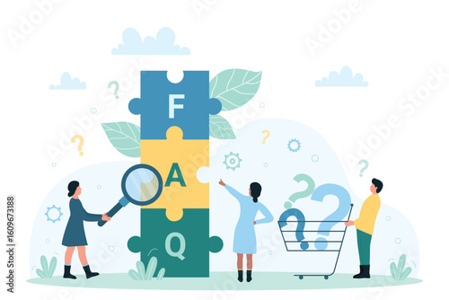 FAQ inquiry vector illustration. Cartoon curious tiny people look through magnifying glass at FAQ letters inside connected puzzles, ask questions, point and investigate, search information and manuals