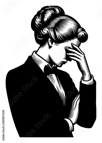 Elegant Vintage Business Woman with Facepalm Gesture Showing Frustration Black and White Outline Line Art Drawing