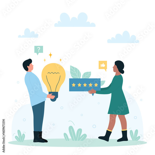Customers feedback on quality of service improvement, idea suggestion vector illustration. Cartoon tiny people holding big light bulb and five stars satisfaction, loyalty of satisfied characters