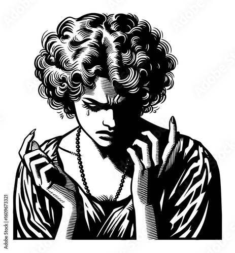 Vintage Woman with Anguished Gesture and Expression Black and White Outline Line Art Drawing