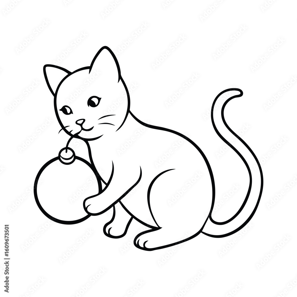 Fototapeta premium Kitten playing with a Christmas ornament ball in holiday scene line art vector illustration