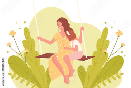 Mom and daughter sitting on swing, hug with love vector illustration. Cartoon happy woman and girl spend fun time, playing togerther among summer or spring flowers. International Mothers day concept