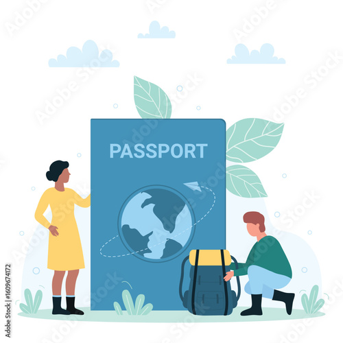 Travel around world with foreign passport and visas vector illustration. Cartoon tiny people holding baggage, standing near big passport, travelers identification of nationality and citizenship
