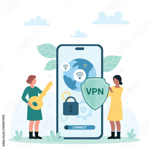 Mobile VPN service, data protection vector illustration. Cartoon tiny people holding key to lock on screen and security shield with VPN sign, secure connection to public proxy server via smartphone