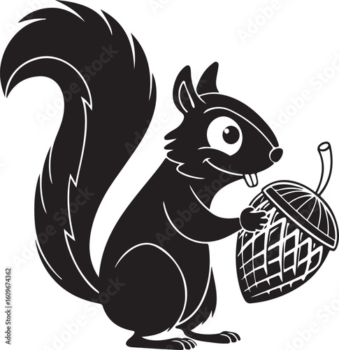 A charming black and white illustration of a squirrel holding a delicious acorn.