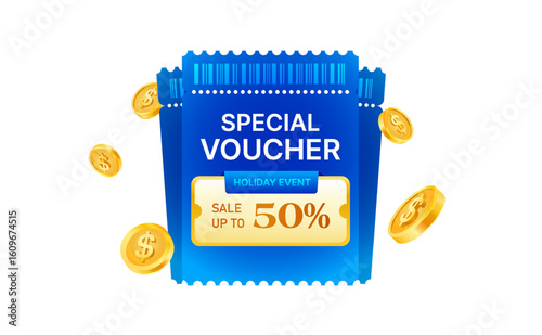 Special card voucher template with coupon code, bar code, golden coins flying around, isolated on white background. Cashback gift voucher popup concept in 3d vector illustration. Vector illustration
