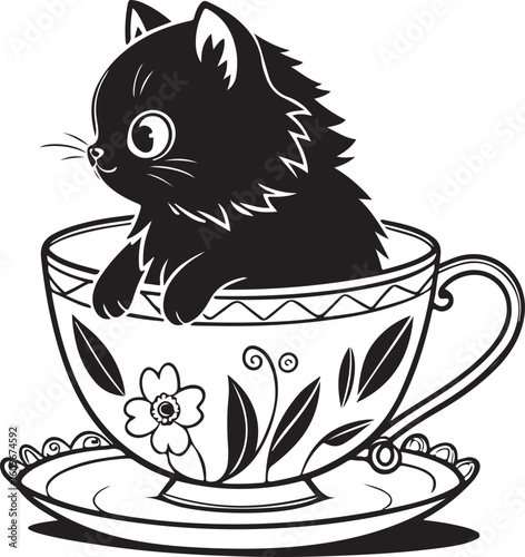 Adorable black cat kitten enjoying a relaxing moment inside a decorated teacup and saucer