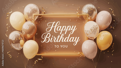 Elegant Happy Birthday design with glowing message, gold and beige balloons, festive confetti, and brown gradient—ideal for celebration cards