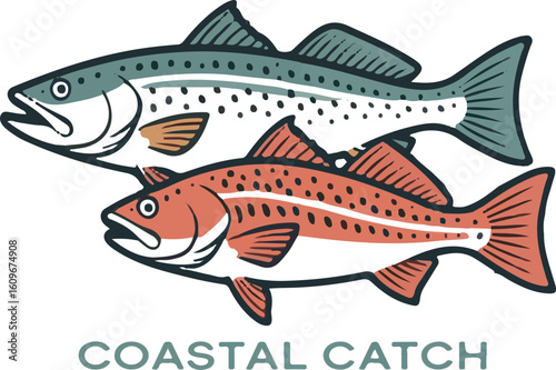 Artistic illustration of two coastal fish in linocut style for outdoor activities