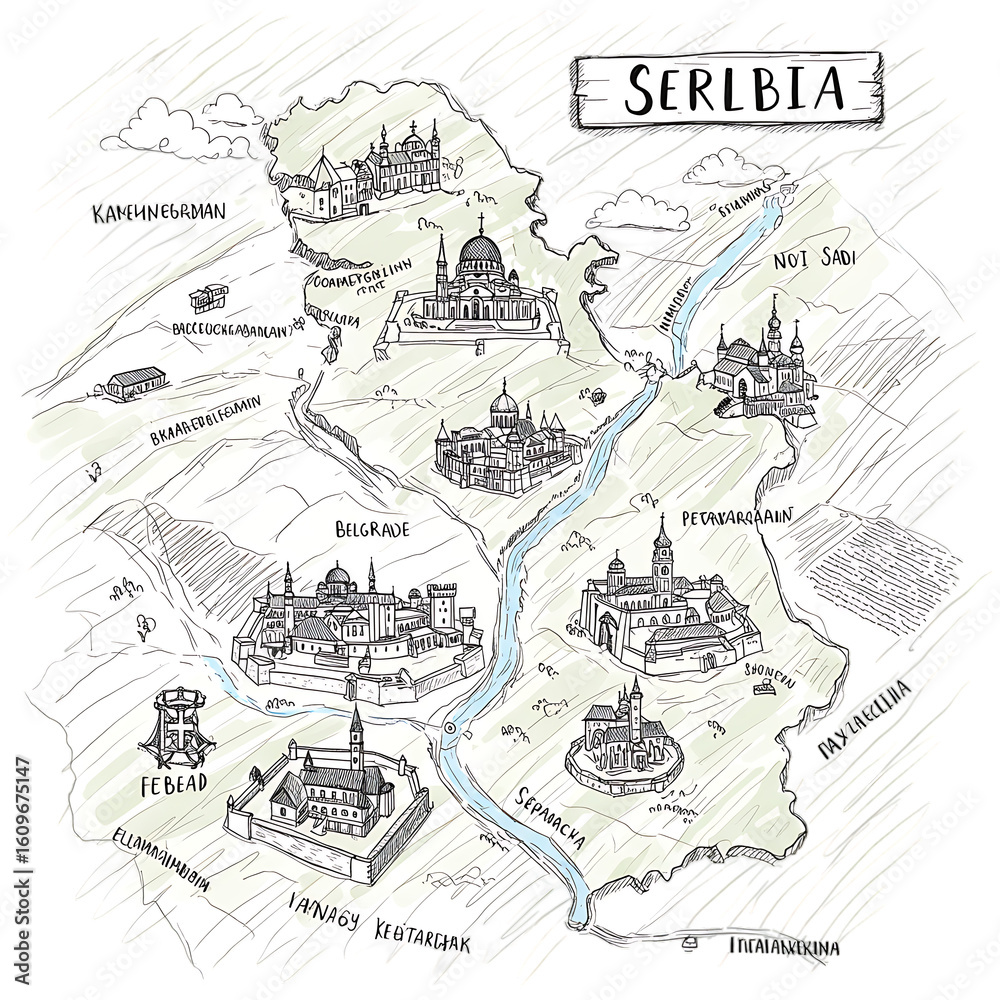 Obraz premium Serbia illustrated historic city heritage map