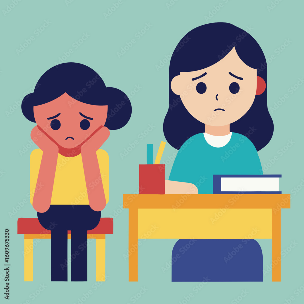 Obraz premium Sad girl sitting at school desk with books vector illustration graphic design.