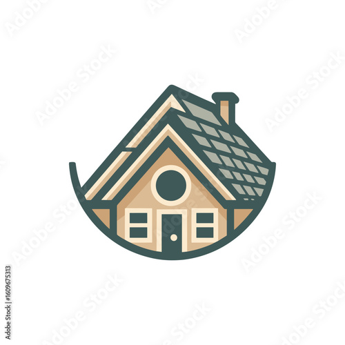 A stylized illustration of a cozy house with a sloped roof and circular window, symbolizing home