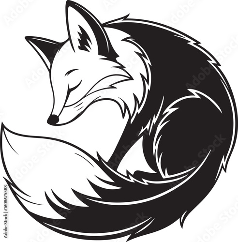 Elegant black and white vector illustration of a sleeping fox in curled position