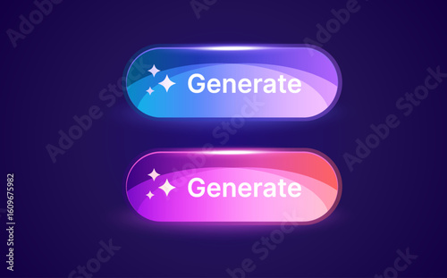3d new glossy rounded AI generate buttons in 3d gradient style, isolated on dark background. Button icons in 3d vector illustration. Vector illustration