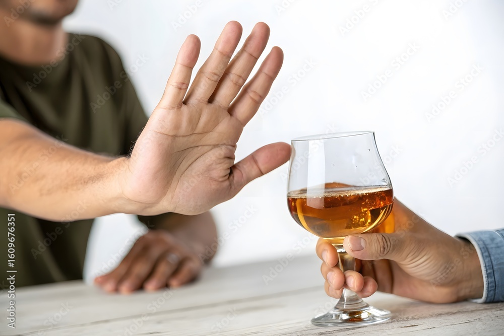 Person refusing alcohol with hand gesture and a glass of liquor on a white wooden table top Person refusing alcohol with hand gesture and a glass of liquor on a white wooden table top
