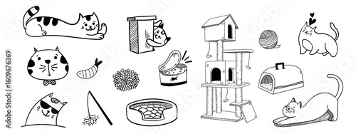 Cat doddle set,Cat activity and product background design set,Hand Drawn kitty collection,Cool cat design