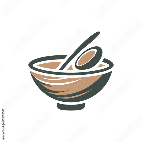 A rustic bowl of soup with a spoon resting inside, set against a minimalist background