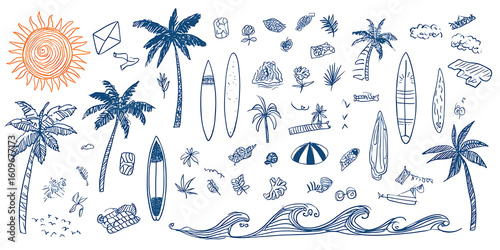 hand-drawn, doodle, beach icons