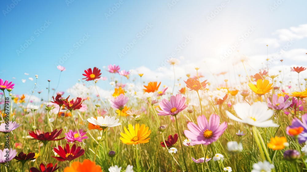 Fototapeta premium A vibrant, colorful meadow with a variety of flowers, including daisies, dandelions, and wildflowers, under a clear blue sky with scattered clouds.