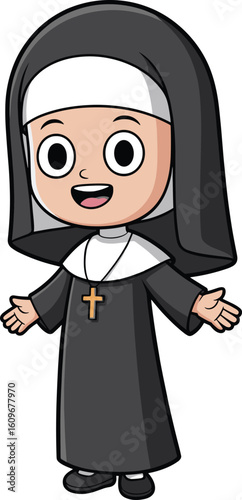 Cartoon nun character in black religious habit with cross necklace, business mascot concept, cad drawing, flat vector illustration, cute faith design.